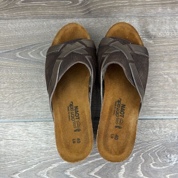 Naot Eve Brown Leather Women's Sz 9/EU 40 Slip On Open Toe Platform Wedge Sandal - Picture 5 of 11